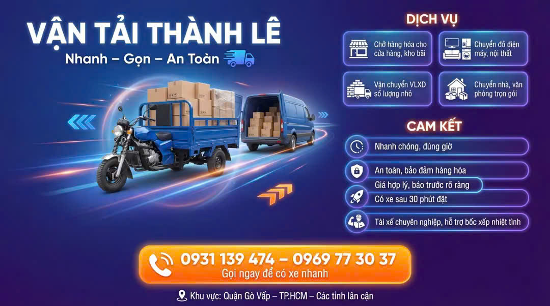 XE BA GÁC.XE TẢI VAN.VẬN TẢI THÀNH LÊ.Bạn cần vận chuyển hàng hóa cồng kềnh, giao nhận gấp trong nội thành, dọn nhà trọ?